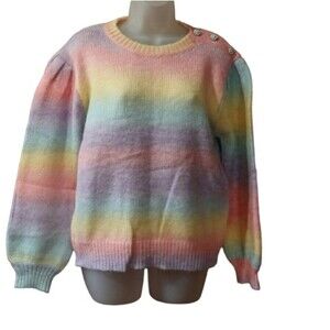 Pastel Rainbow Balloon Sleeve Knit Sweater Pearl Accents Kawaii Small